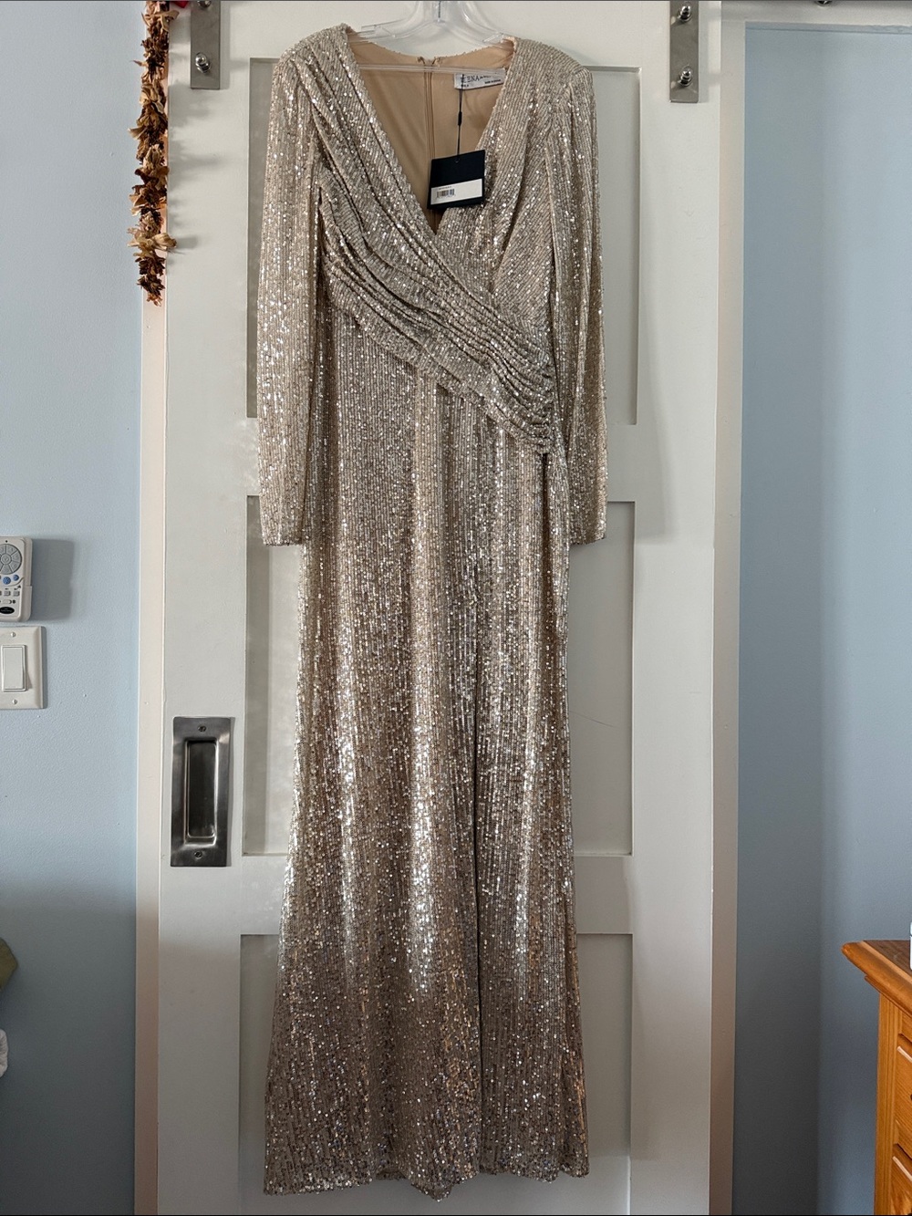 Mac Duggal Champagne Sequin Faux Wrap Long Sleeve Gown - Picture 4 of 8